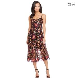 Dress the Population Black and Multicolor sequin Floral Midi uma Dress